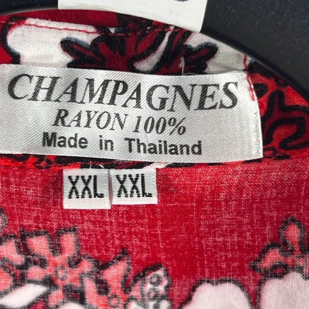 Champagnes Mens XXL Red Floral Hibiscus Rayon Hawaiian Button Up Shirt Thailand
